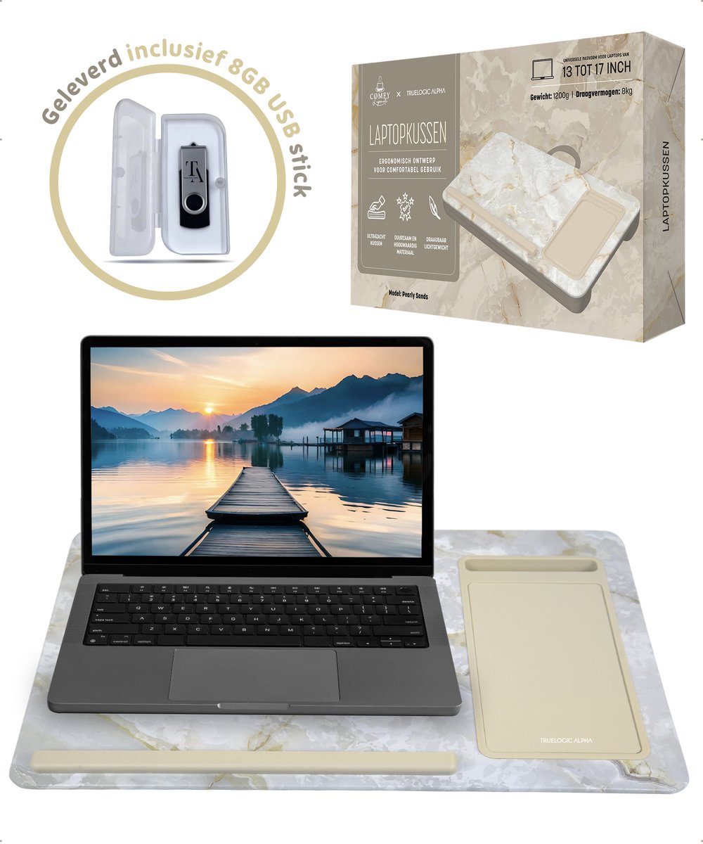 TrueLogic Alpha Laptop standaard - Laptoptafel - Bedtafel - Laptopkussen - Laptopstandaard - Voor laptops t/m 17 inch - Geleverd inclusief 8GB USB stick - Pearly Sands