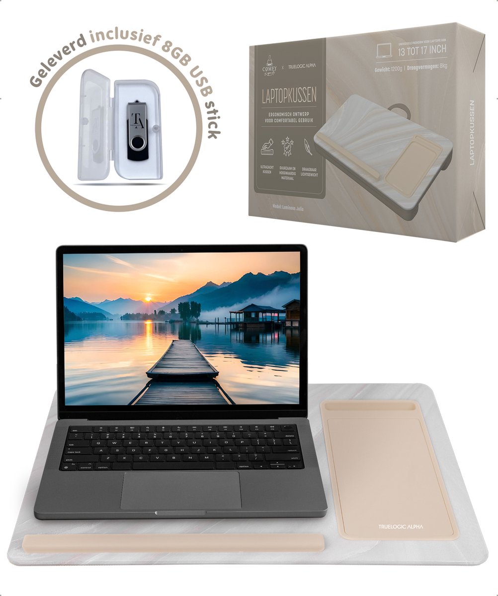 TrueLogic Alpha Laptop standaard - Laptoptafel - Bedtafel - Laptopkussen - Laptopstandaard - Voor laptops t/m 17 inch - Geleverd inclusief 8GB USB stick - Luminous Julia