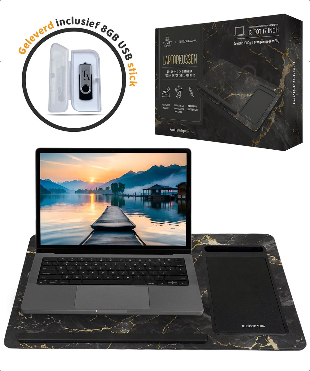 TrueLogic Alpha Laptop standaard - Laptoptafel - Bedtafel - Laptopkussen - Laptopstandaard - Voor laptops t/m 17 inch - Geleverd inclusief 8GB USB stick - Lightning Luxe