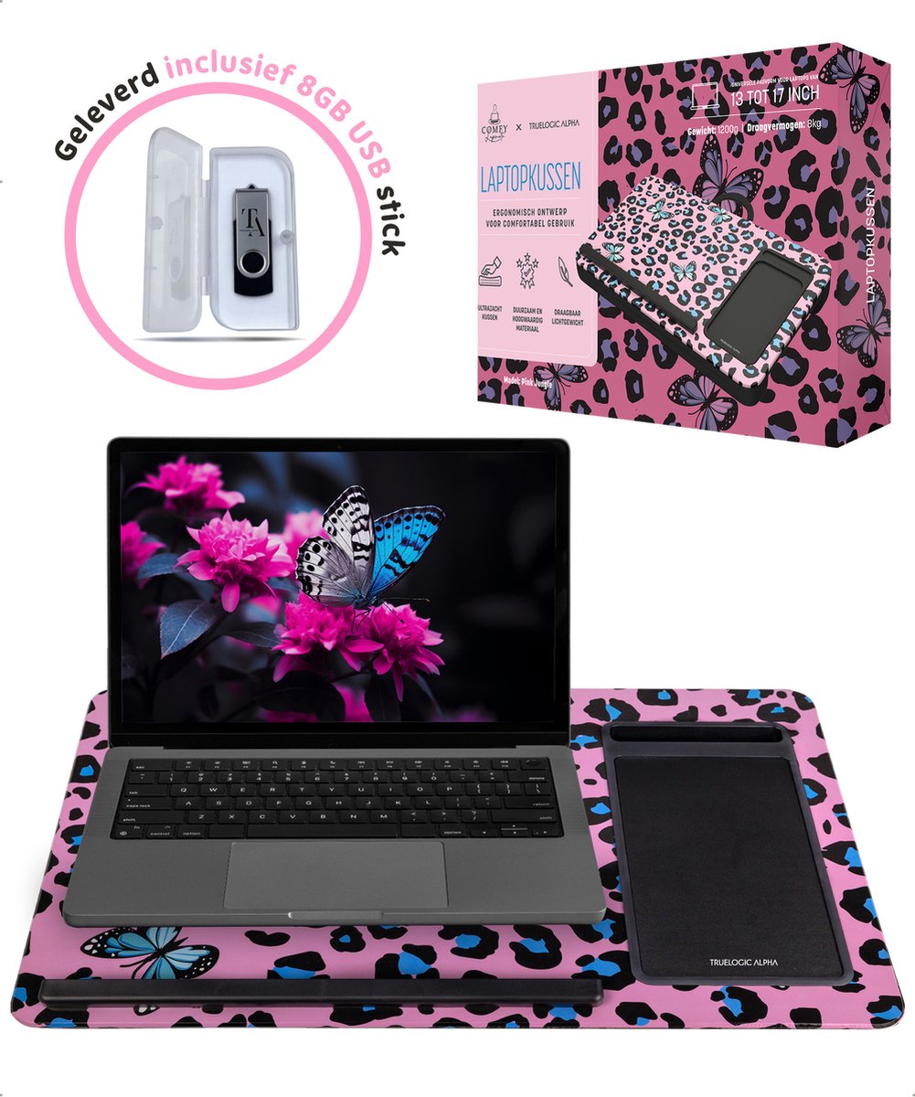 TrueLogic Alpha Laptop standaard - Laptoptafel - Bedtafel - Laptopkussen - Laptopstandaard - Voor laptops t/m 17 inch - Geleverd inclusief 8GB USB stick - Pink Jungle