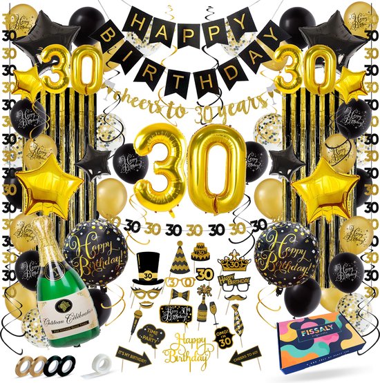 Fissaly 30 Jaar Verjaardag Decoratie Versiering - Ballonnen – Jubileum Man & Vrouw - Zwart en Goud
