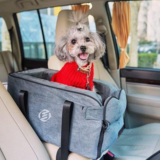 PETSFIT Autostoel Hond, Hondenstoel middenconsole Auto, hondenautostoel voor kleine honden met verbeterde veiligheidsgordels, dik kussen, donkergrijs