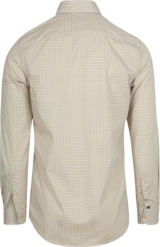 Achterkant van een beige overhemd met een herhalend bruin-wit patroon.