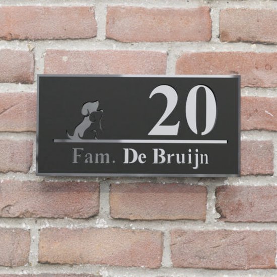 Plaque signalétique de porte d'entrée - Plaque d'immatriculation de maison - Étroite avec chien - 20x10 - noir/argent - bande adhésive