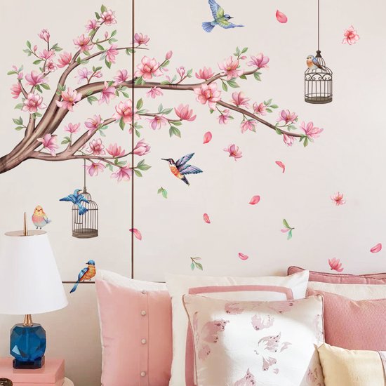 Muursticker - woonkamer decoratie muur - Muur decoratie - voor woonkamer slaapkamer - 30*60cm - Tak Vogels Bloemen Muursticker - PVC - kleurrijk