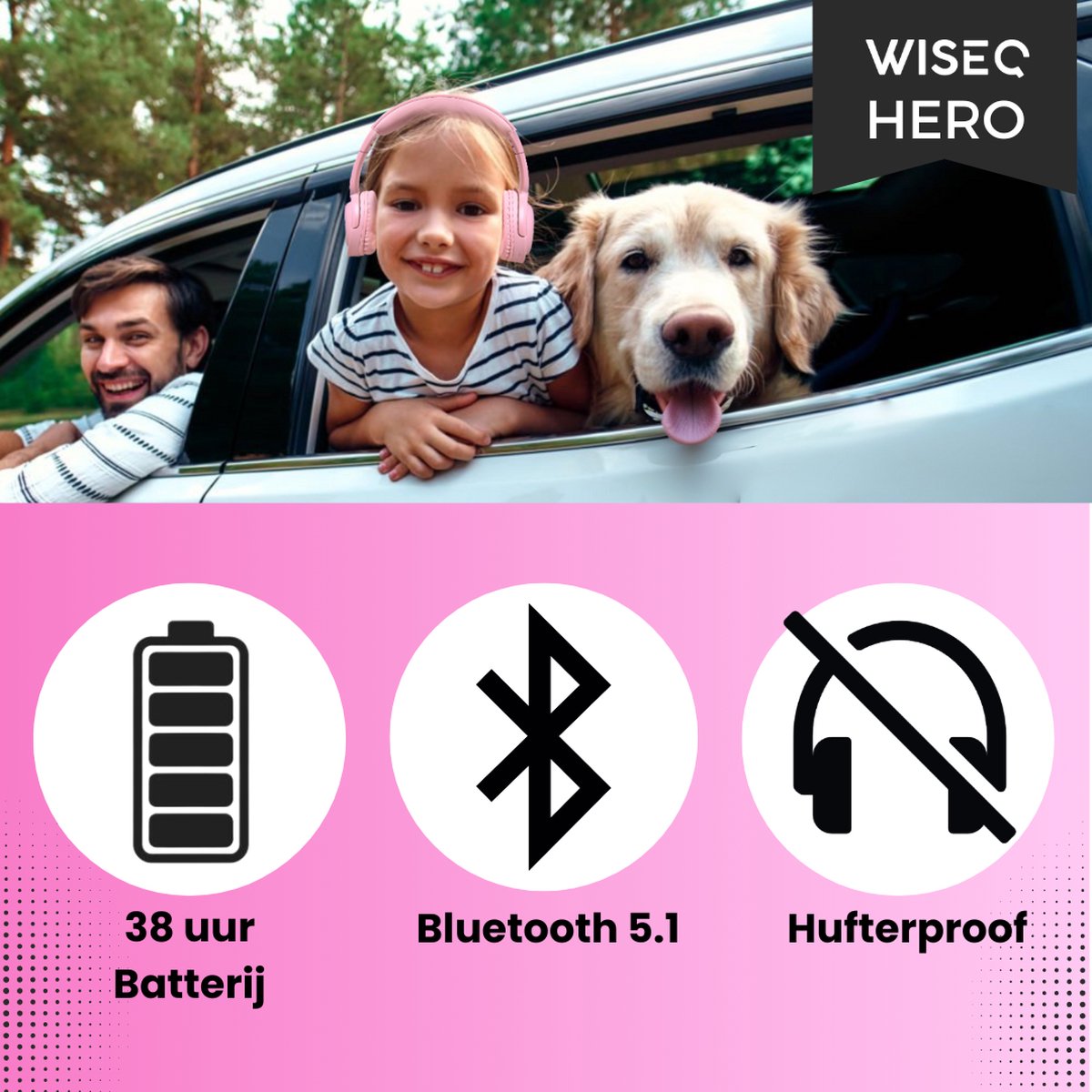 Afbeelding 3 van Koptelefoon Kind met Bluetooth Koptelefoon Kind met Volumebegrenzing, Geluidsdempend en 38 uur Batterij - Roze - WiseQ