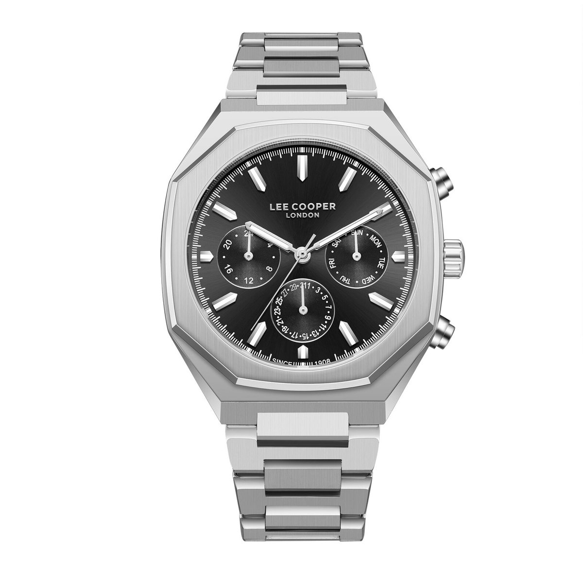 Lee Cooper LC08045.350 - Horloge - Polshorloge - Analoog - Mannen - Heren - stalen band - Achthoek - Metaal - Strepen - Datumaanduiding - 12-24H - Zilverkleurig - Zwart
