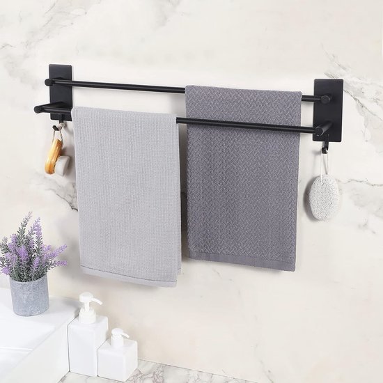 Dubbele Handdoekhouder voor aan de Muur - Zwart, 60 cm, zonder Boren, roestvrij staal, zelfklevend voor Badkamer en Keuken van Kegii — afbeelding 3