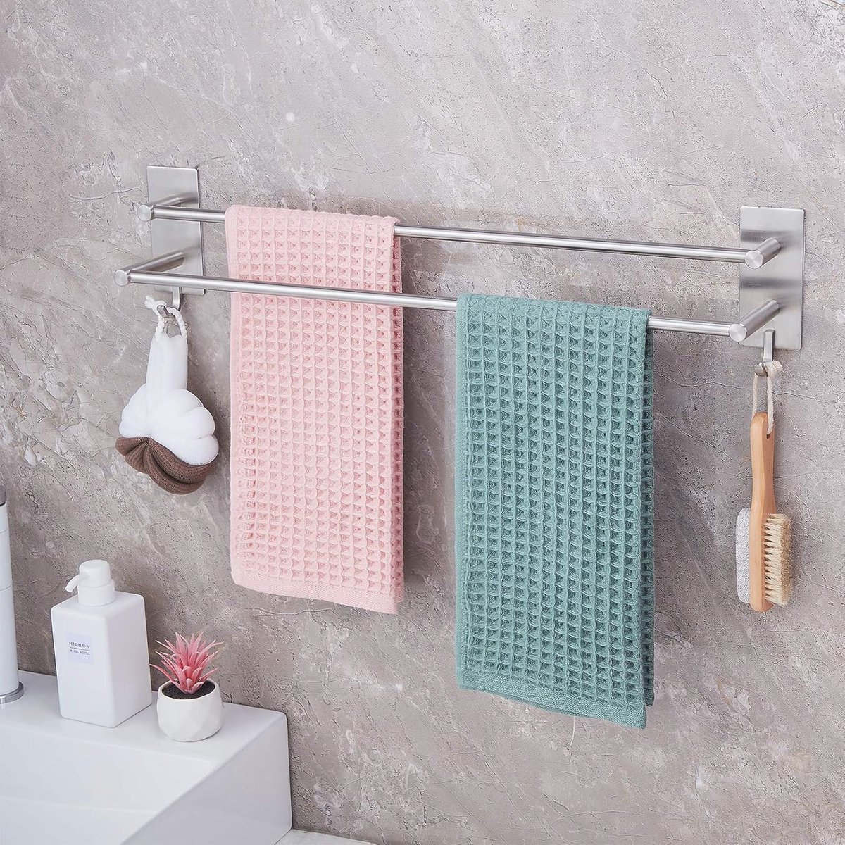 Handdoekhouder voor de badkamer zonder boren - Dubbele roestvrijstalen handdoekstang 60 cm met zelfklevende bevestiging