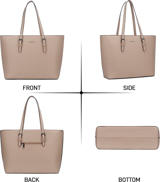 Beige handtas met ritssluiting aan de achterkant, gespen aan de voorkant, zij- en onderprofiel.