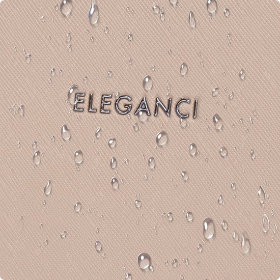 Beige stof met het reliëf logo 'ELEGANCIA' en waterdruppels.
