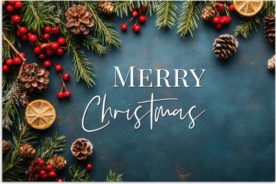 Poster 60x40 cm - Merry Christmas - Blauw - Kerst - Winter - Posters - Kamer decoratie - Wanddecoratie woonkamer - Kerstdecoratie voor binnen - Kerstversiering - Kerstmis versiering in huis - Christmas decorations