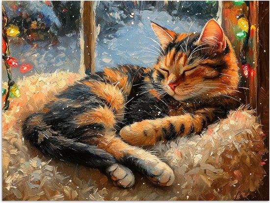 Poster 80x60 cm - Kat - Kerst - Winter - Dier - Posters - Kamer decoratie - Wanddecoratie woonkamer - Kerstdecoratie voor binnen - Kerstversiering - Kerstmis versiering in huis - Kerstaccessoires