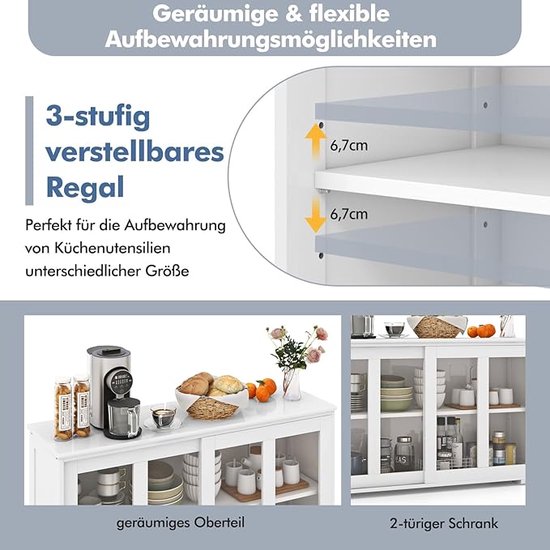 KOMFOTTEU Laag dressoir met verstelbare rank, keukenopberger met schuifdeuren, opbergkast, ideaal voor keuken, eetkamer, woonkamer, 107 x 33 x 64 cm (melkwit