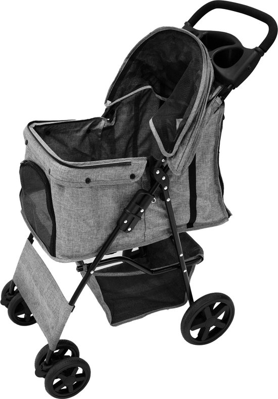 Foto: Opvouwbare hondenbuggy met regenhoes grijs comfortabel en veilig stevig stalen frame geschikt voor honden en katten tot 15kg voorzien van ventilatie opbergmand en bekerhouder
