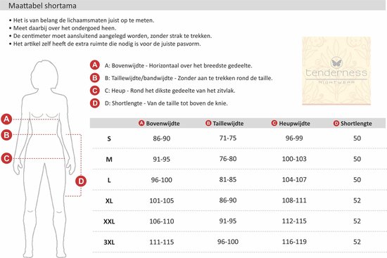 Tableau des tailles pour shortama femme avec mesures pour le buste, la taille, les hanches et la longueur du short.