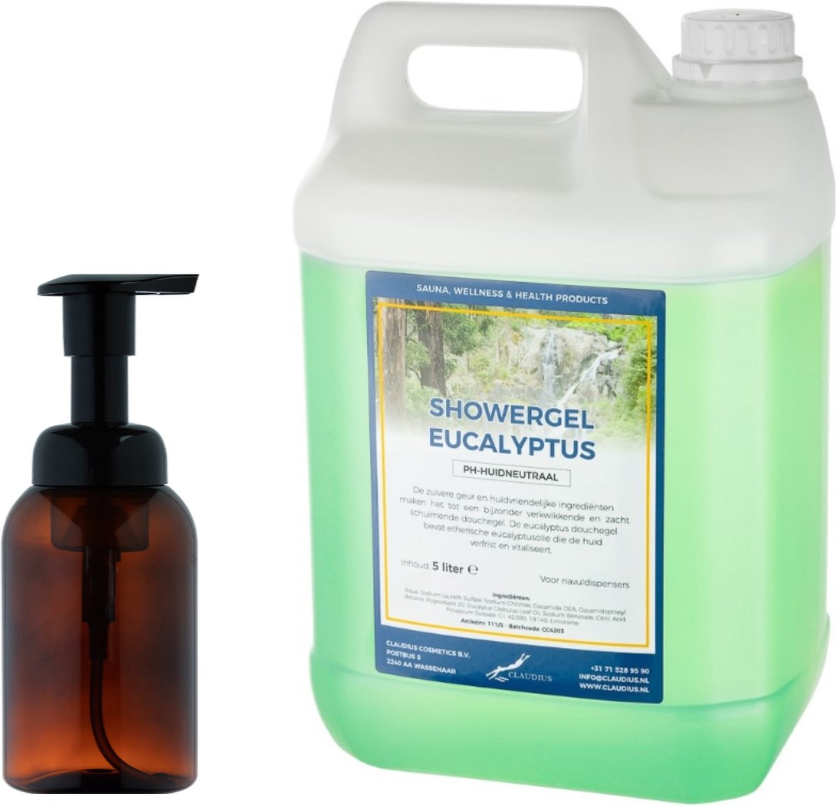 Goedkoopste Zeepdispenser 300 ml amber bruin hervulbaar 5 liter Showergel Eucalyptus navulling