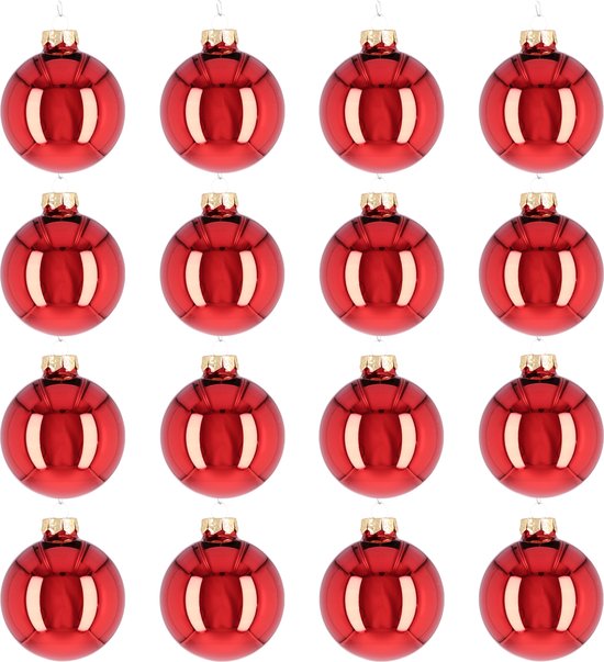 Glazen kerstballen - Set van 16 stuks/80mm - Luxe kerst decoratie - Sfeervolle kerstversiering voor in de kerstboom - Glas - Rood Glans