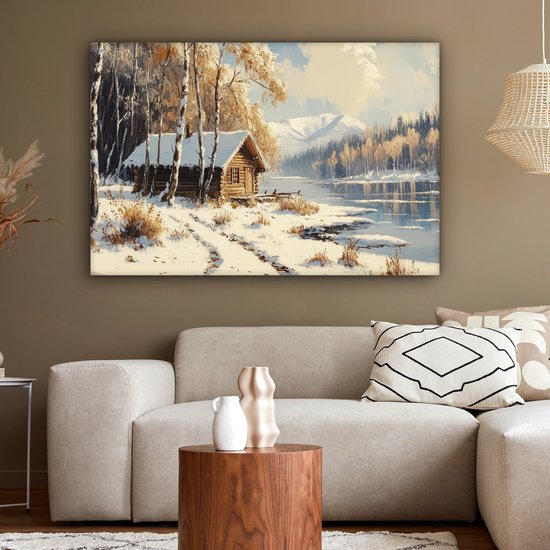 Peinture sur toile 150x100 cm - Décoration murale Hiver - Neige - Maison - Nature - Décoration murale murale salon - Décoration chambre - Accessoires de chambre - Peintures sur toile
