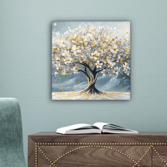 Peinture sur toile 20x20 cm - Décoration murale Arbre - Hiver - Arbre de vie - Moderne - Or - Décoration murale murale salon - Décoration chambre - Accessoires de chambre - Peintures