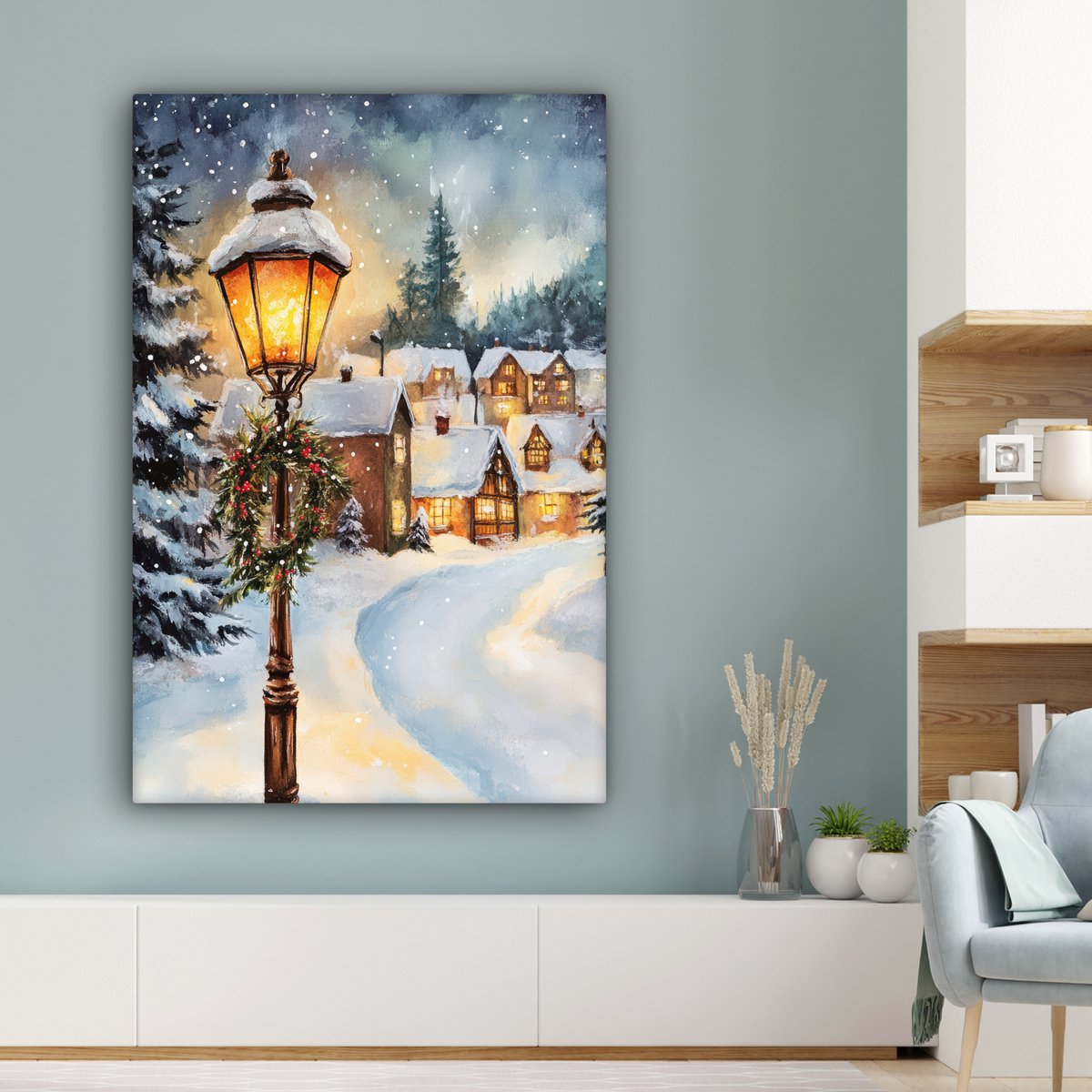 Canvas schilderij 80x120 cm - Wanddecoratie Kerstdorp - Huizen - Sneeuw - Kerst - Muurdecoratie woonkamer - Slaapkamer decoratie - Kamer accessoires - Schilderijen op canvas - Kerstdecoratie voor binnen - Kerstversiering - Kerstmis versiering – foto 3