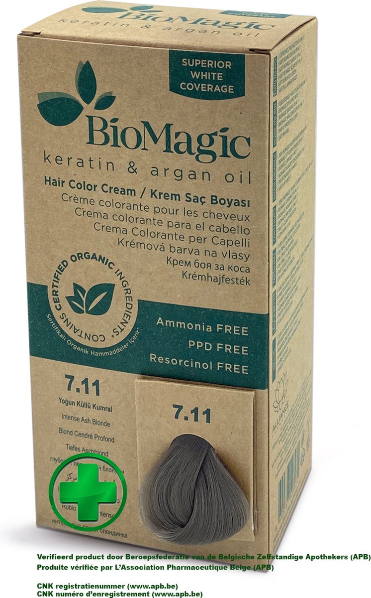 Natuurlijke Biologische haarverf, verrijkt met Keratine en Arganolie, zonder Ammoniak, PPD en Resorcinol- INTENS ASBLOND 7/11 - Je haar kleuren en verzorgen in één met BioMagic permanente haarverf! - Organic - Dierproefvrij - 100% Grijsdekkend