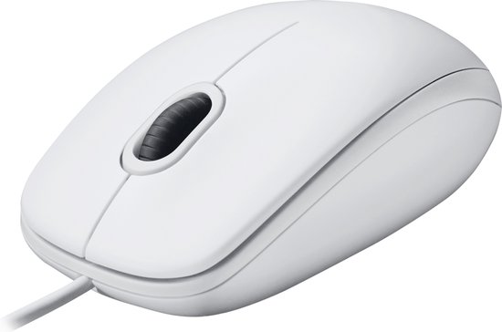 Witte Logitech M100 bedrade muis in een gedraaide hoek, met grijs scrollwiel.
