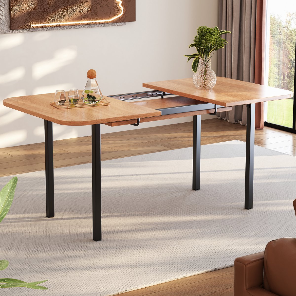 Gutent Uitschuifbare Eettafel, Houtkleur, 120 cm, Uitschuifbaar tot 160 cm, Moderne minimalistische stijl, sterke legering, geschikt voor 4-6 personen