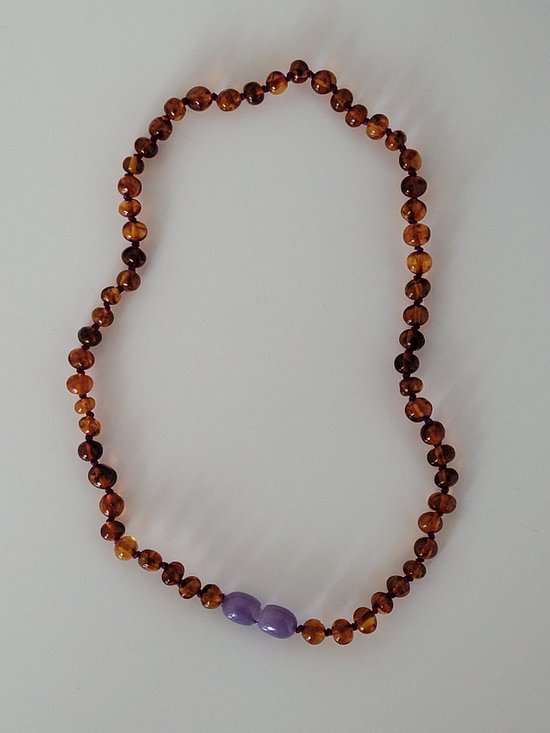 Bracelets by Nature-Barnsteen kinderketting-Barnsteen-Kinder-Ketting-Originele Baltische Barnsteen-34cm-Cognac-Paars-Lila-Draaisluiting-Kraamcadeau-Baby cadeau-Kindercadeau-Collier-Handgemaakt-Barokkraaltjes van BRA — afbeelding 2