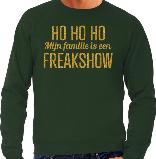 Bellatio Decorations Foute kersttrui/sweater voor heren - Hohoho freak show - groen - glitter goud L