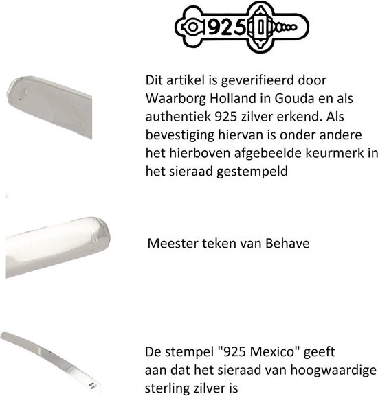 Zilverkeurmerken '925' en 'meester teken van Behave' en '925 Mexico'.
