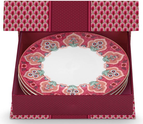 Pip studio oriental flower festival dark pink cadeauset van 4 ontbijtborden 21cm