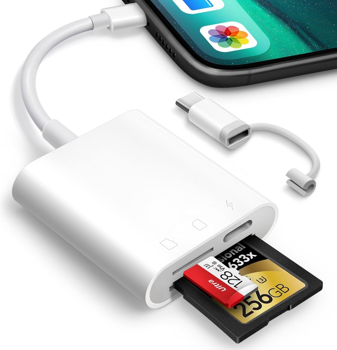 NÖRDIC USB C naar Lightning Kaartlezer - SD, MicroSD- 1XUSB C - PD30W - Geschikt voor Smartphone, Tablet, PC & Laptop