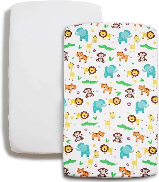 Set de Beddengoed 2 pièces 90x50 | 2 Draps housses 100% Katoen | pour Berceaux et lits bébé | Set de Hoeslaken Wit + Wit avec motif animal de la jungle | Jean Bébé