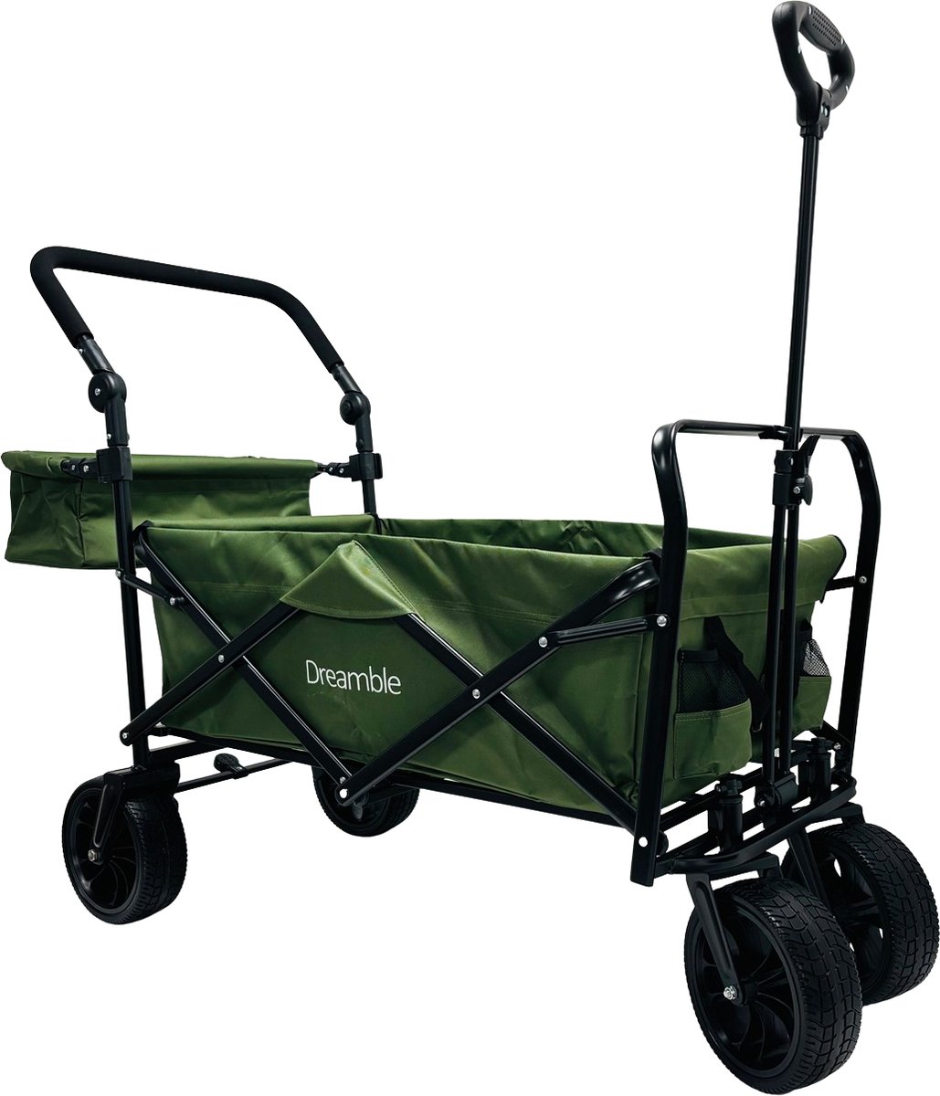 Dreamble® | Bolderkar | Groen | Tot 140KG | 120L | Trek en duwfunctie | Dikke zachte vloermat 4cm - voor kinderen | Extra grote wielen Ø20cm | Extra opbergruimte | 130x110(LxH) | 2 pockets buiten,1 pocket binnenin met rits | Voetrem | Beschermhoes