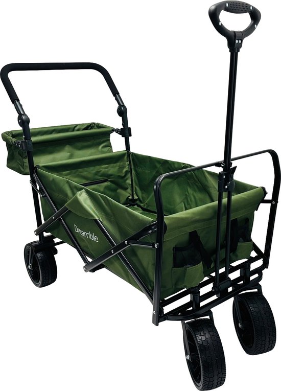 Dreamble® | Bolderkar | Groen | Tot 140KG | 120L | Trek en duwfunctie | Dikke zachte vloermat - voor kinderen | Extra grote wielen Ø20cm | Extra opbergruimte | 130x110(LxH) | 2 pockets buiten,1 pocket binnenin met rits | Voetrem | Beschermhoes — afbeelding 4