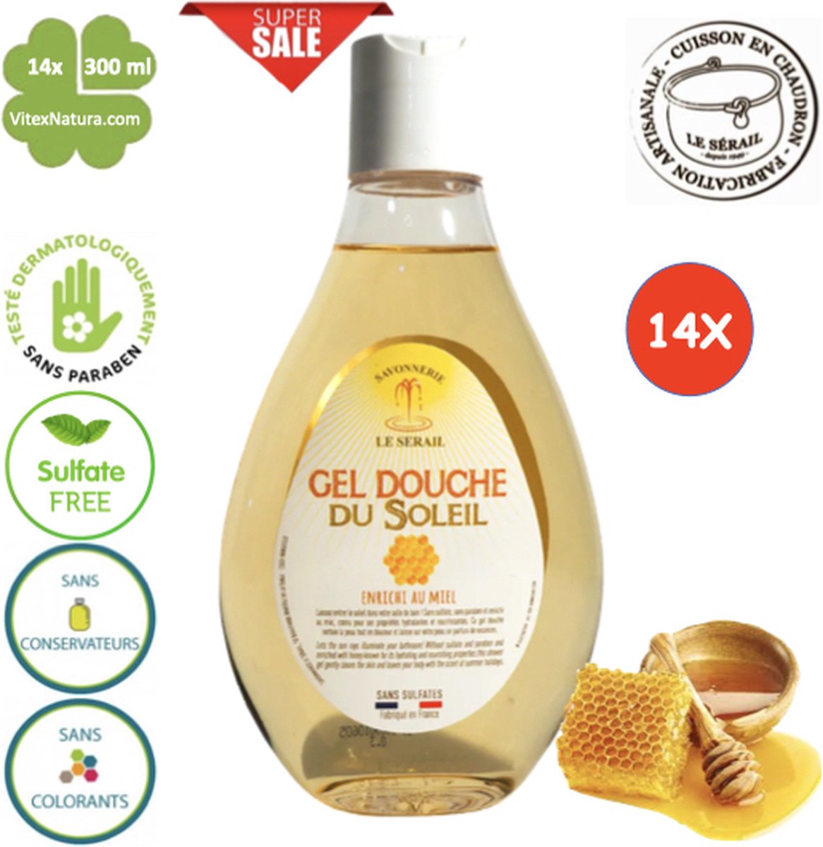 Sulfaatvrije douchegel | 14x300ml | Honing | Le Sérail | Franse Marseillezeep Ambacht