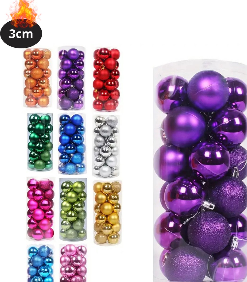 Bovista Kerstballen - Kerstversiering - Plastic - Paars - 3 cm - 24 stuks