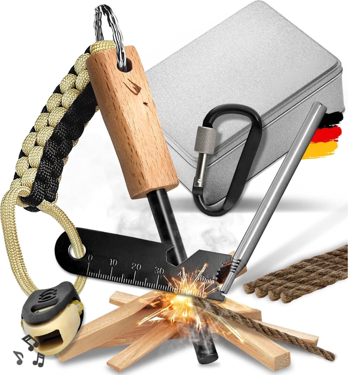 Goedkoopste All-in-one vuurstarterset - 17-Delig - Stalen vonkenschraper - Duurzaam houten handvat - Geschikt voor beginners en experts