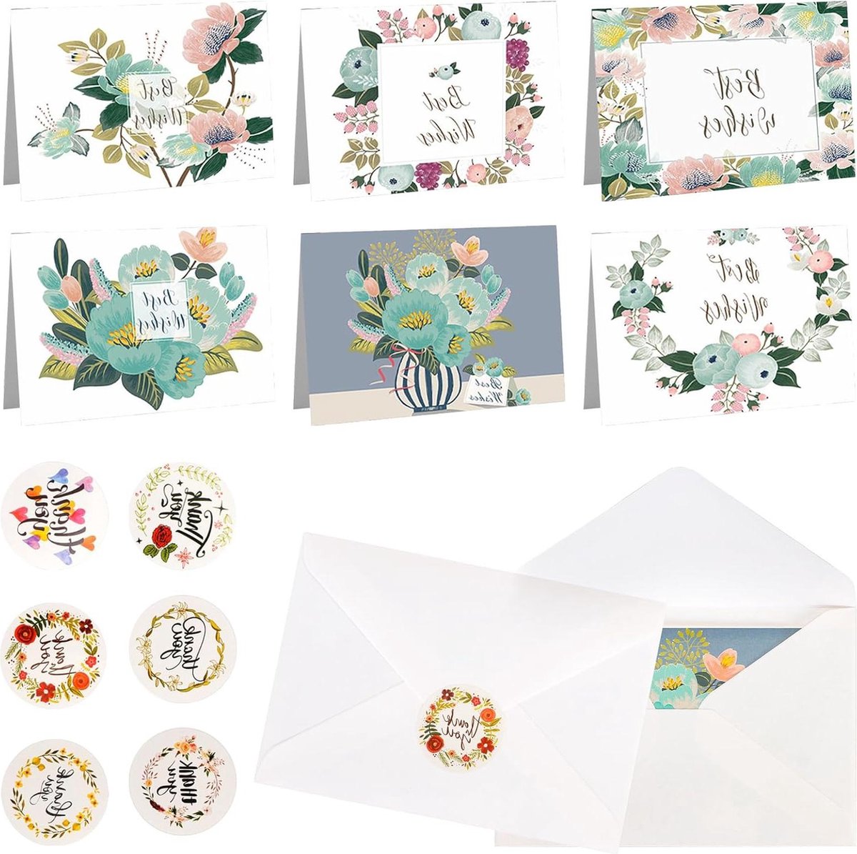 Goedkoopste Bedankkaarten met enveloppen - blanco notities - bulk en stickers - babyshower bruiloft begrafenis - 12 stuks