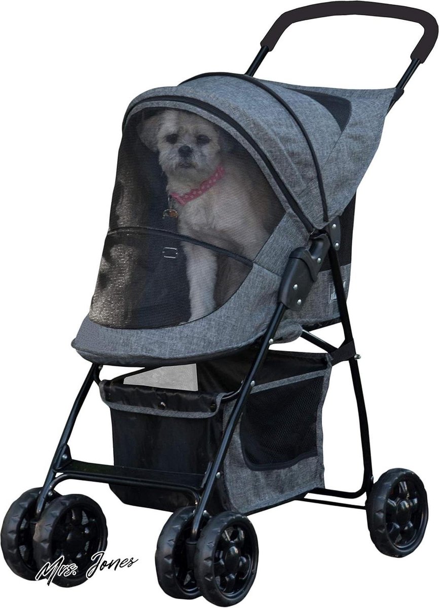 Mrs. Jones Happy Trails Lite wandelwagen voor katten-honden rits ingang opvouwbaar afneembare voering veiligheidskoord opbergmand .