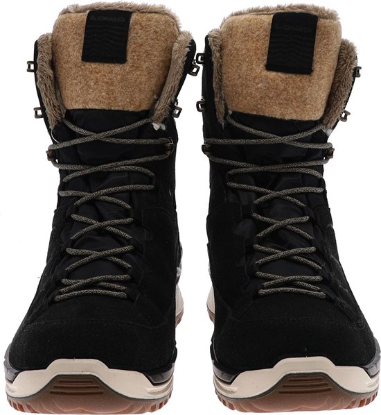 Zwarte, hoge wandelschoenen met veters, beige bontvoering en bruin/wit profiel.