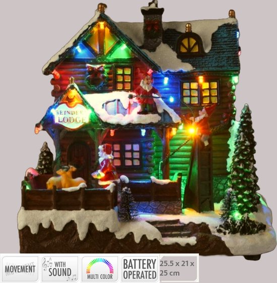 Kersthuis - Reindeer Lodge - Kersthuisje met LED Verlichting - Bewegende Rendieren - Kerstmuziek