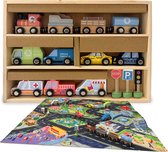 Maxx Kidz Houten Speelgoed Auto's, Trein en Speelkleed - Autokleed met 11 Voertuigen - Auto met Magneten - Educatief & Duurzaam Speelgoed - vanaf 2 jaar