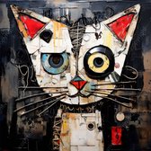 K&C Art (Peinture sur toile) 100x100cm | Chat fou drôle - abstrait - noir - blanc - rouge - bleu - jaune - moderne - art | Séjour - chambre - hall - bureau | Impression de peinture photo sur toile - décoration murale - décoration murale - art mural