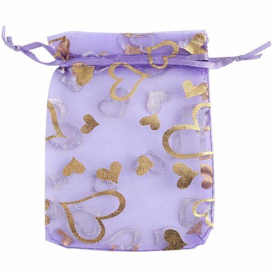 Fako Bijoux® - Sacs Organza - 10x12cm - Sacs de Fête - Sacs à Bonbons - Sacs Cadeaux - Sacs à Bijoux - Coeur Violet - 50 Pièces