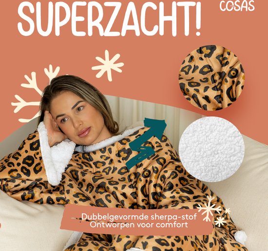 Superzachte plaid met luipaardprint en witte sherpa voering. Met mouwen, ontworpen voor comfort.