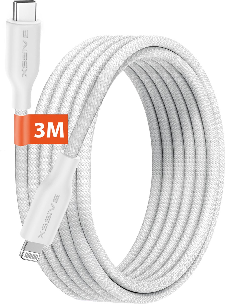 Lange 3 Meter Oplaadkabel geschikt voor Apple CarPlay, iPad, AirPods en iPhone met Lightning naar USB-C Kabel - Oplader Kabel - Snellader