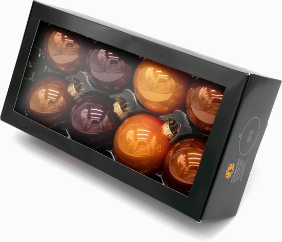 Muntel® Kerstballen Glas - 8 Stuks - Glas - Glans - Oranje - Bruin
