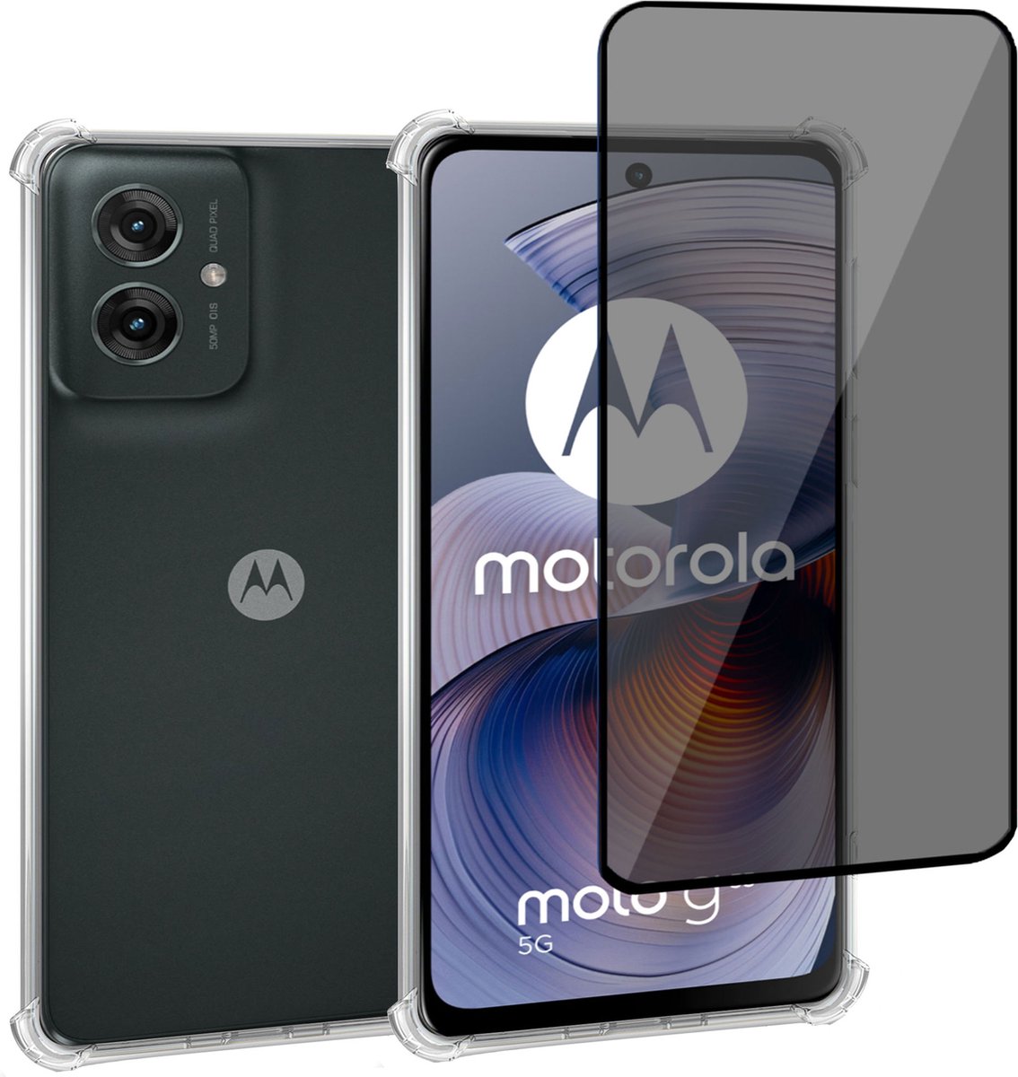 Geschikt voor Motorola Moto G55 - Hoesje + Privacy Screenprotector – Privé - Gehard Glas Cover